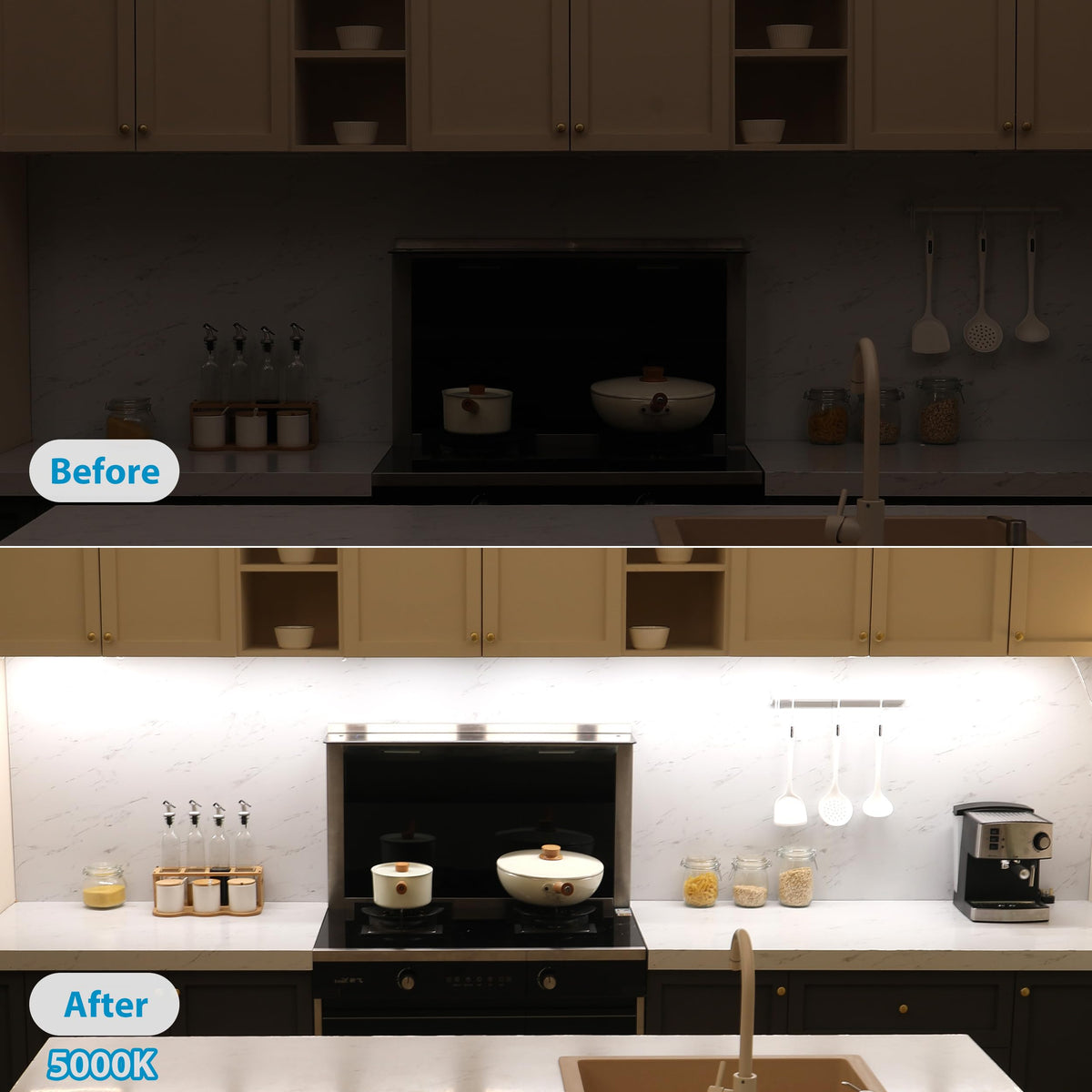 Litever dimmable LED strip provides adjustable brightness for task-focused kitchen work.