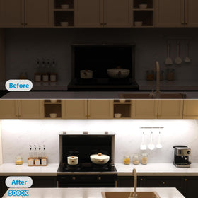 Litever dimmable LED strip provides adjustable brightness for task-focused kitchen work.