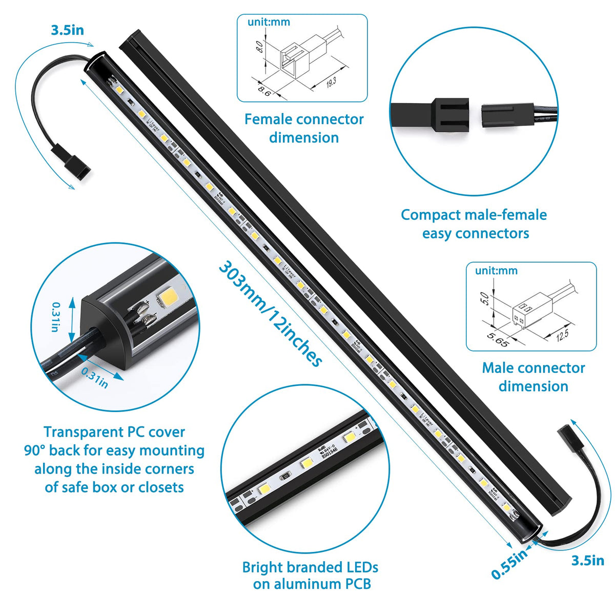 Litever 12-inch LED light bars with slim profile for hidden closet corners.