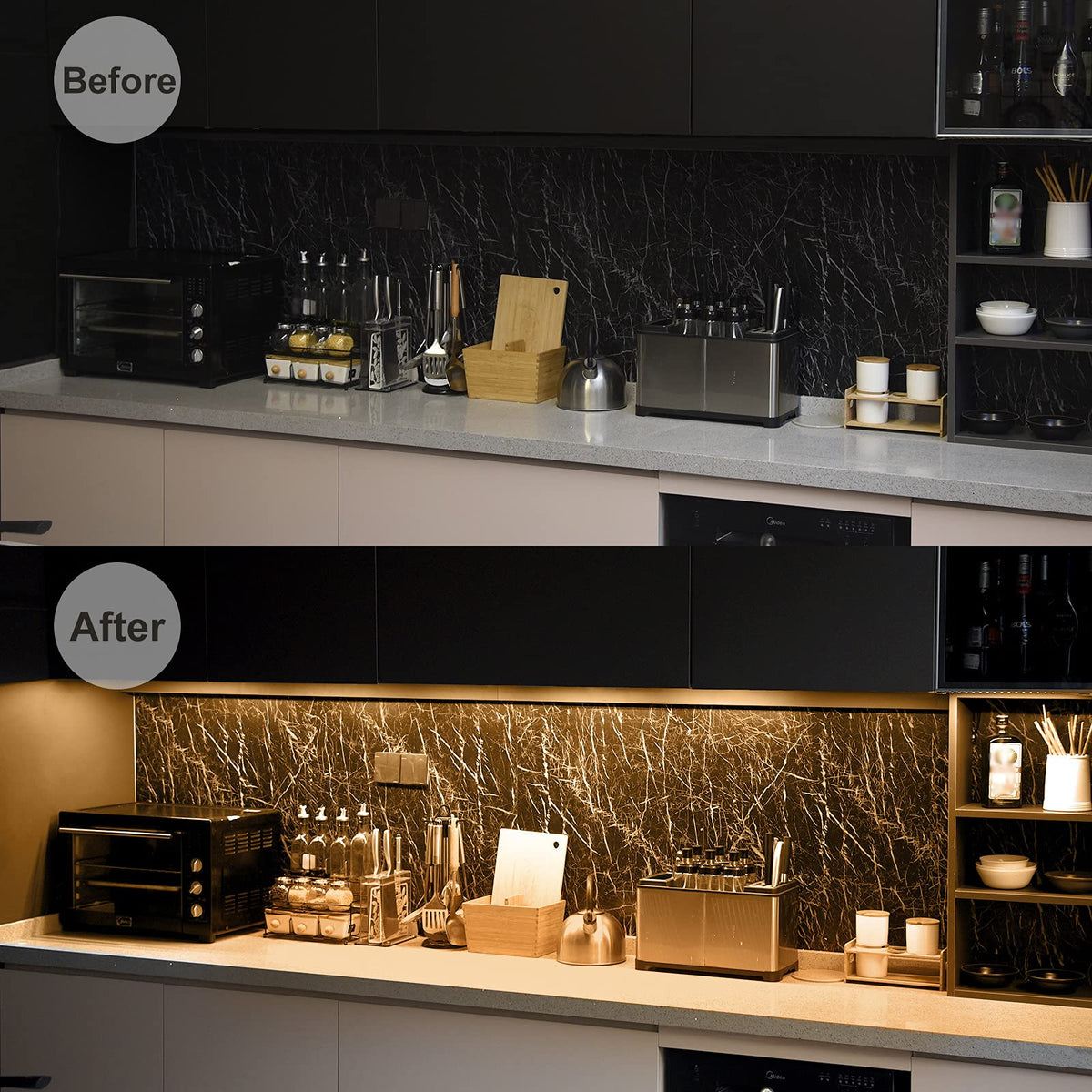 Litever six 12-inch LED strips provide modular, even illumination under a cabinet.