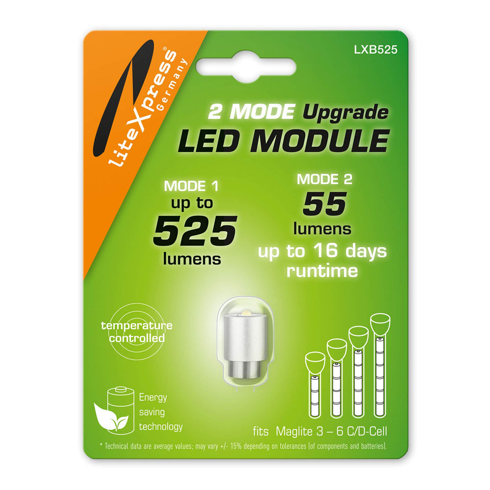 LiteXpress LXB525 two-mode LED upgrade module boosts Maglite brightness and efficiency.