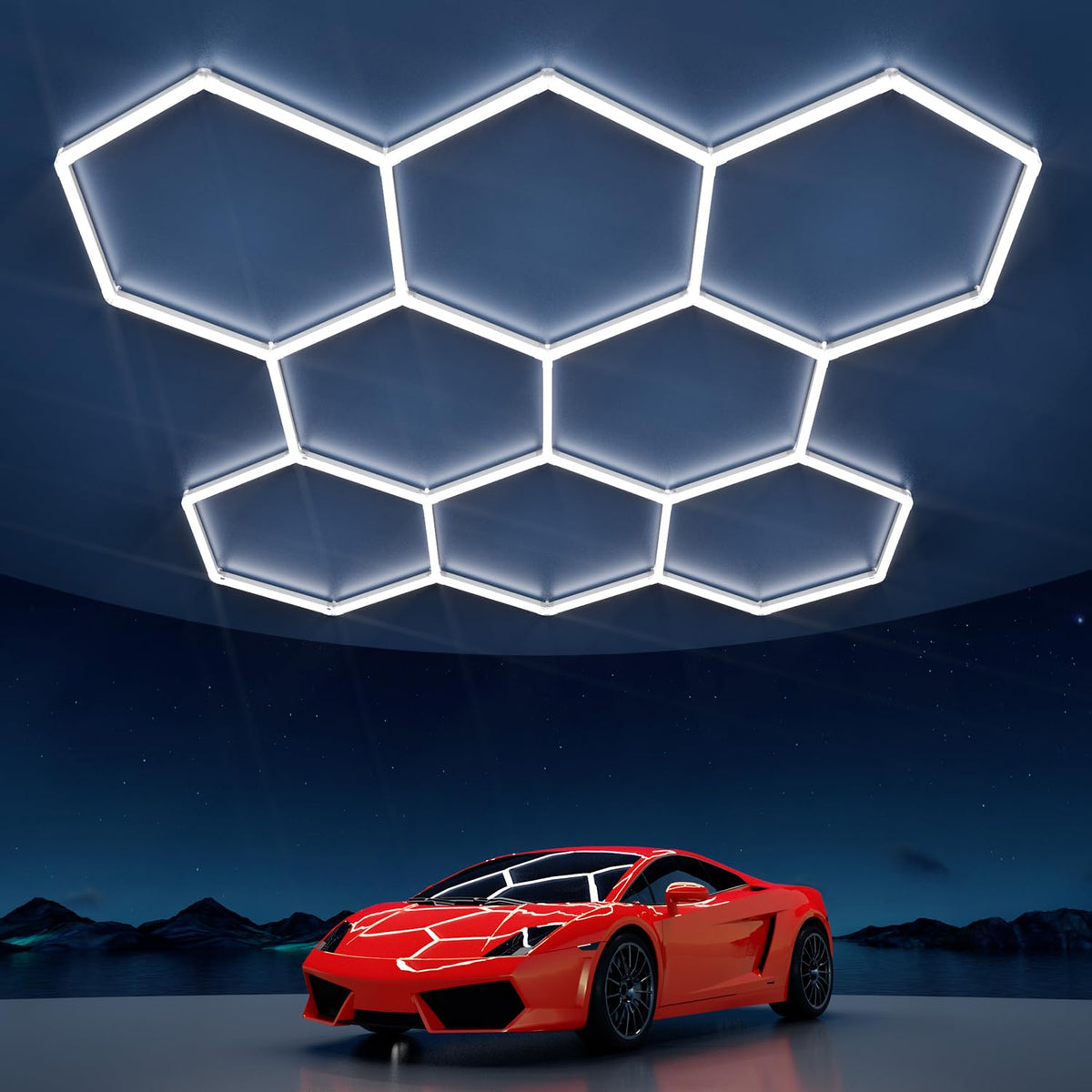 Litezone Hexagon light panel close-up with crisp 6500K brightness for garages