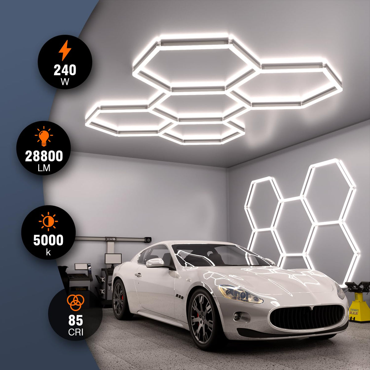 Litezone Hexagon Lights ceiling mount demonstrates versatile installation for garages and workshops.