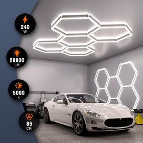 Litezone Hexagon Lights ceiling mount demonstrates versatile installation for garages and workshops.