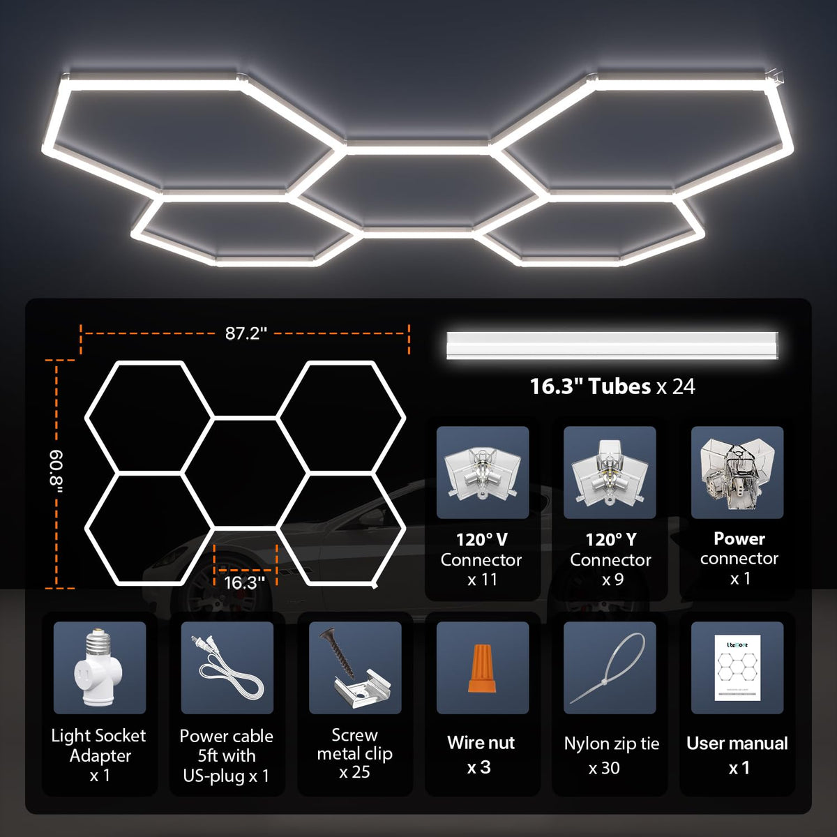 Litezone Hexagon Lights garage setup delivers wide-area visibility for cars and projects.