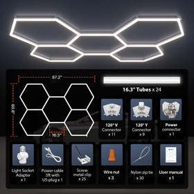 Litezone Hexagon Lights garage setup delivers wide-area visibility for cars and projects.