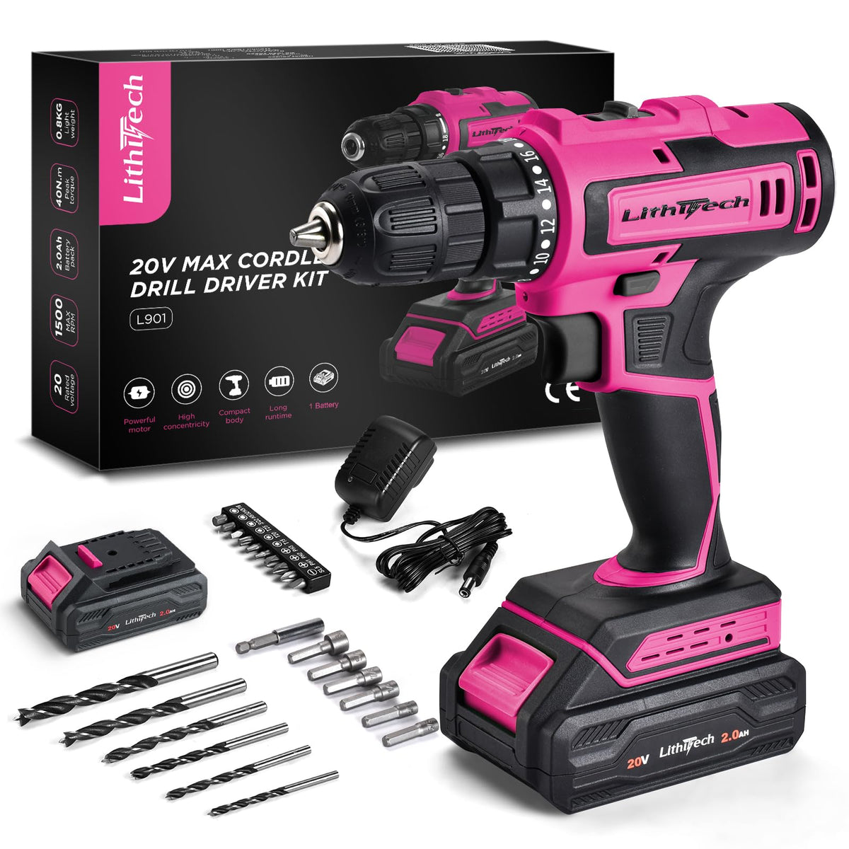 Lithitech 20V pink cordless drill with compact, lightweight design for quick home projects.