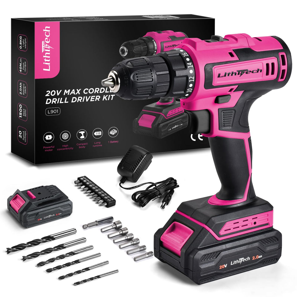 Lithitech 20V pink cordless drill with compact, lightweight design for quick home projects.