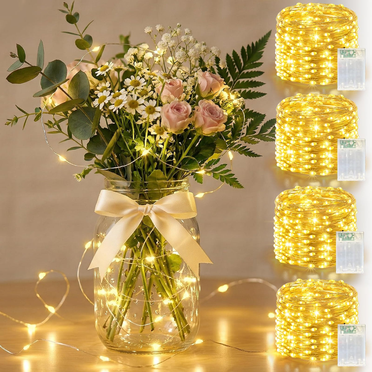 LitHome four-pack warm white fairy lights illuminate shelves with a cozy glow.