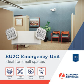 Lithonia Lighting Basics emergency light wall-mount installs quickly in hallways.