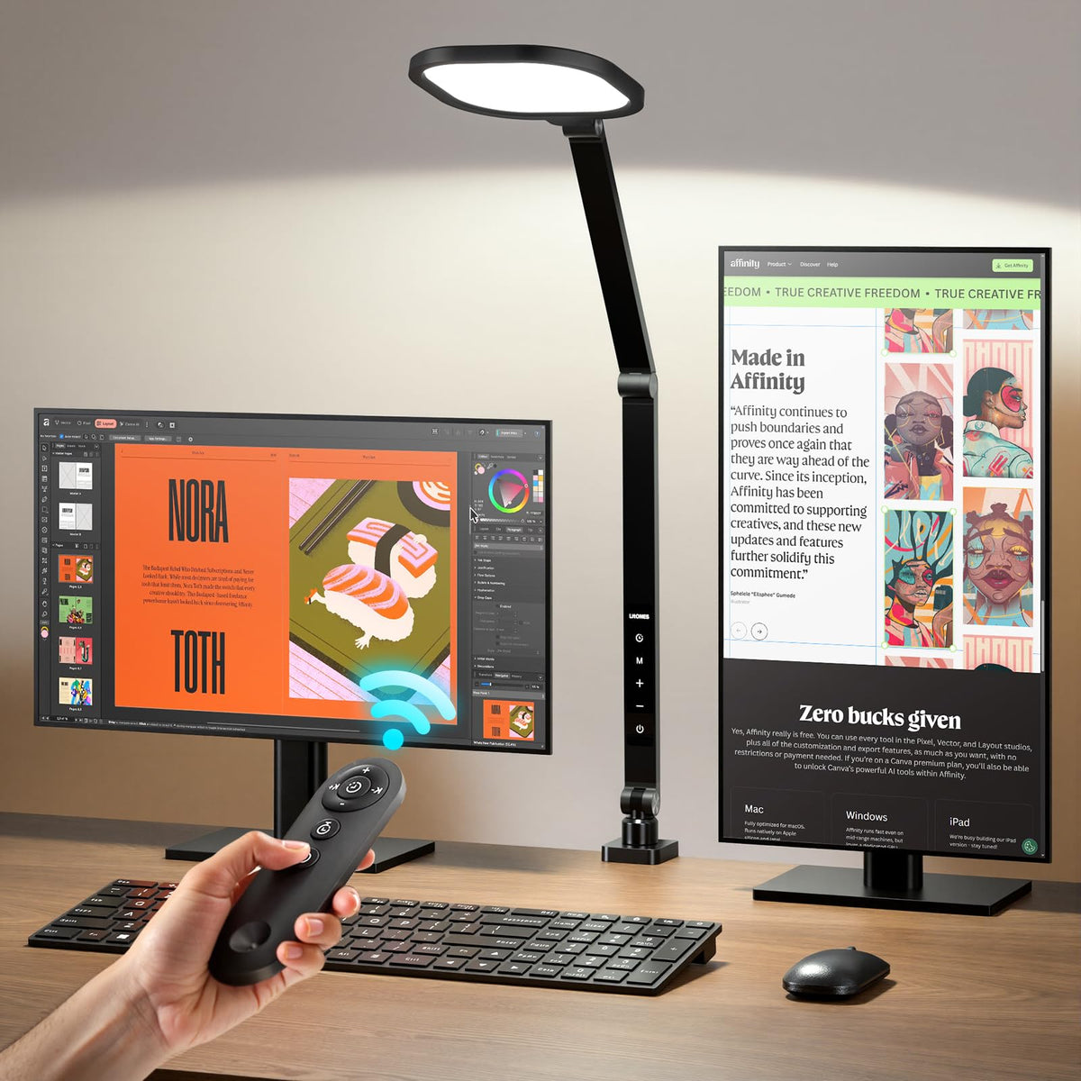 LitONES desk lamp with clamp securely mounted to desk for stable lighting