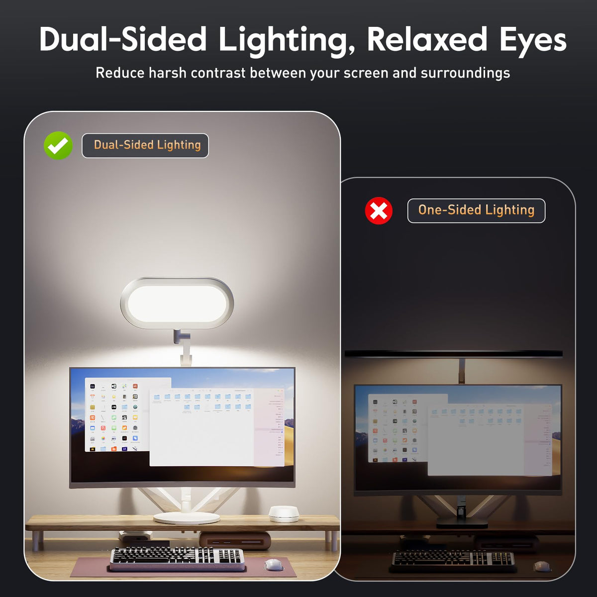 LitONES LED desk lamp arm extend provides flexible height for comfortable screen lighting.