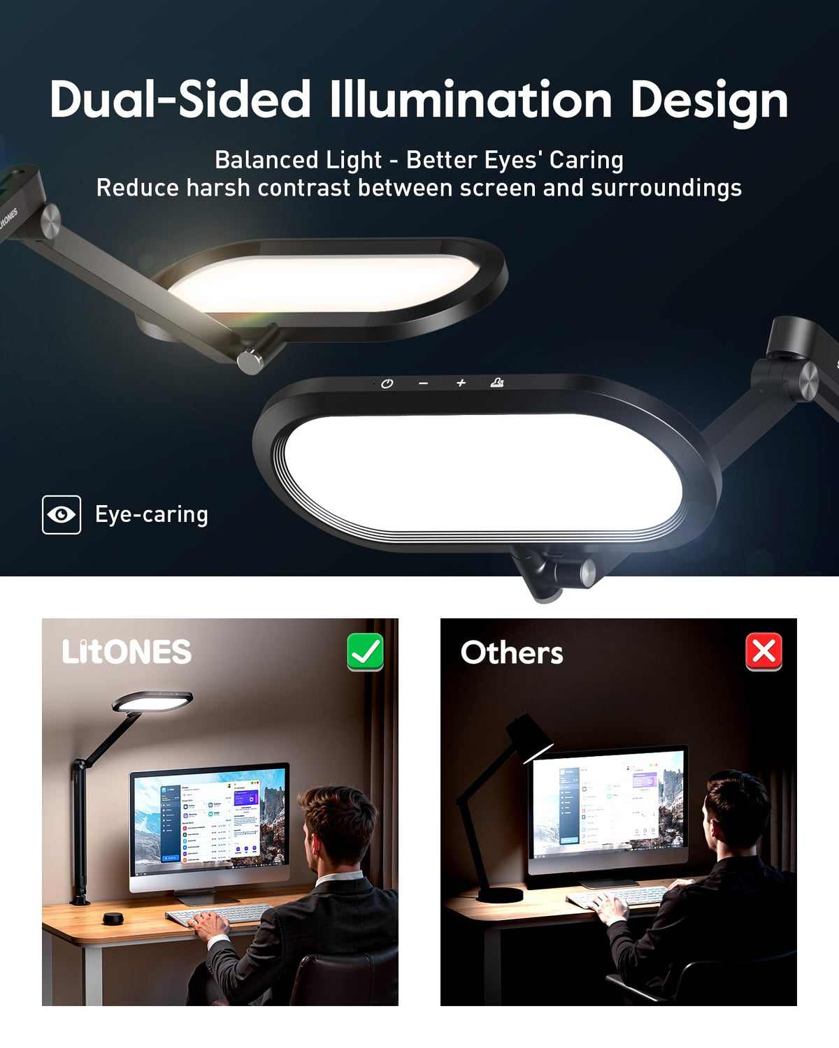 LitONES desk lamp clamp-mount secures to desk and saves space