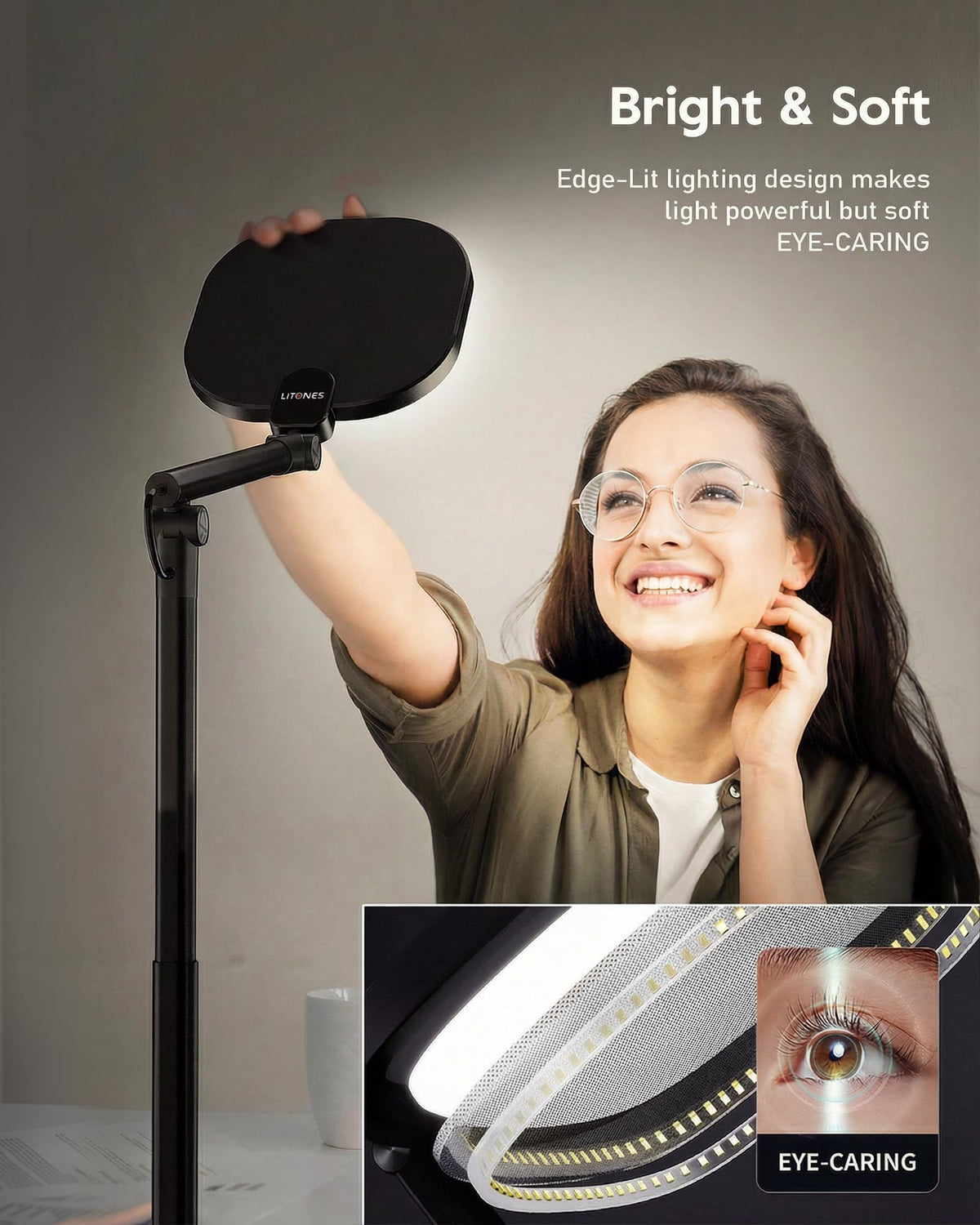 LitONES tall lamp extended height enables wide coverage over multi-monitor setups.