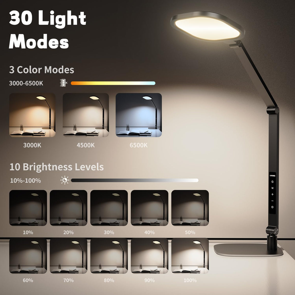 LitONES LED desk lamp head tilt for glare-free screen viewing.