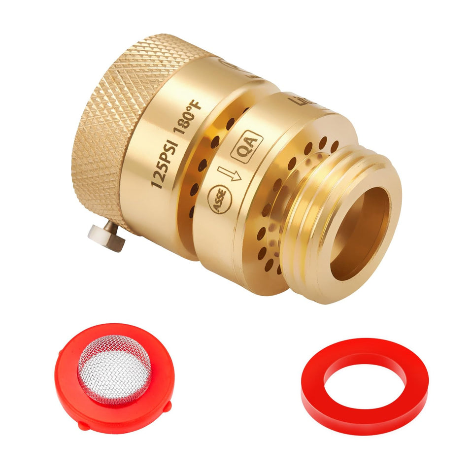 LitOrange vacuum breaker close-up in lead-free brass, showcasing sturdy threads for reliable garden use.