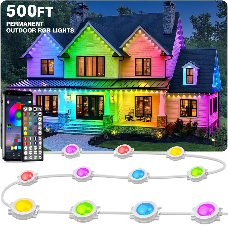 LITSOUL 500ft outdoor lights installed along the house eaves for durable, year-round illumination.