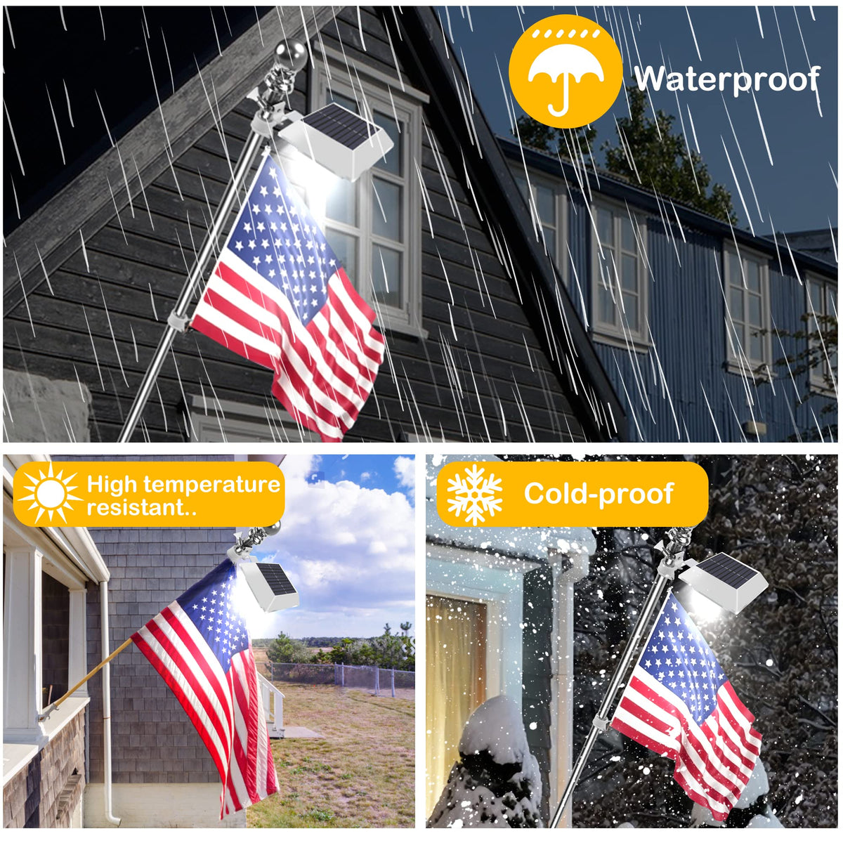 Little Joke solar flag pole light angle-adjustable to optimize sun exposure.