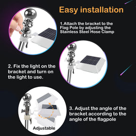 Little Joke solar flag pole light with hose-clamp bracket for secure mounting.