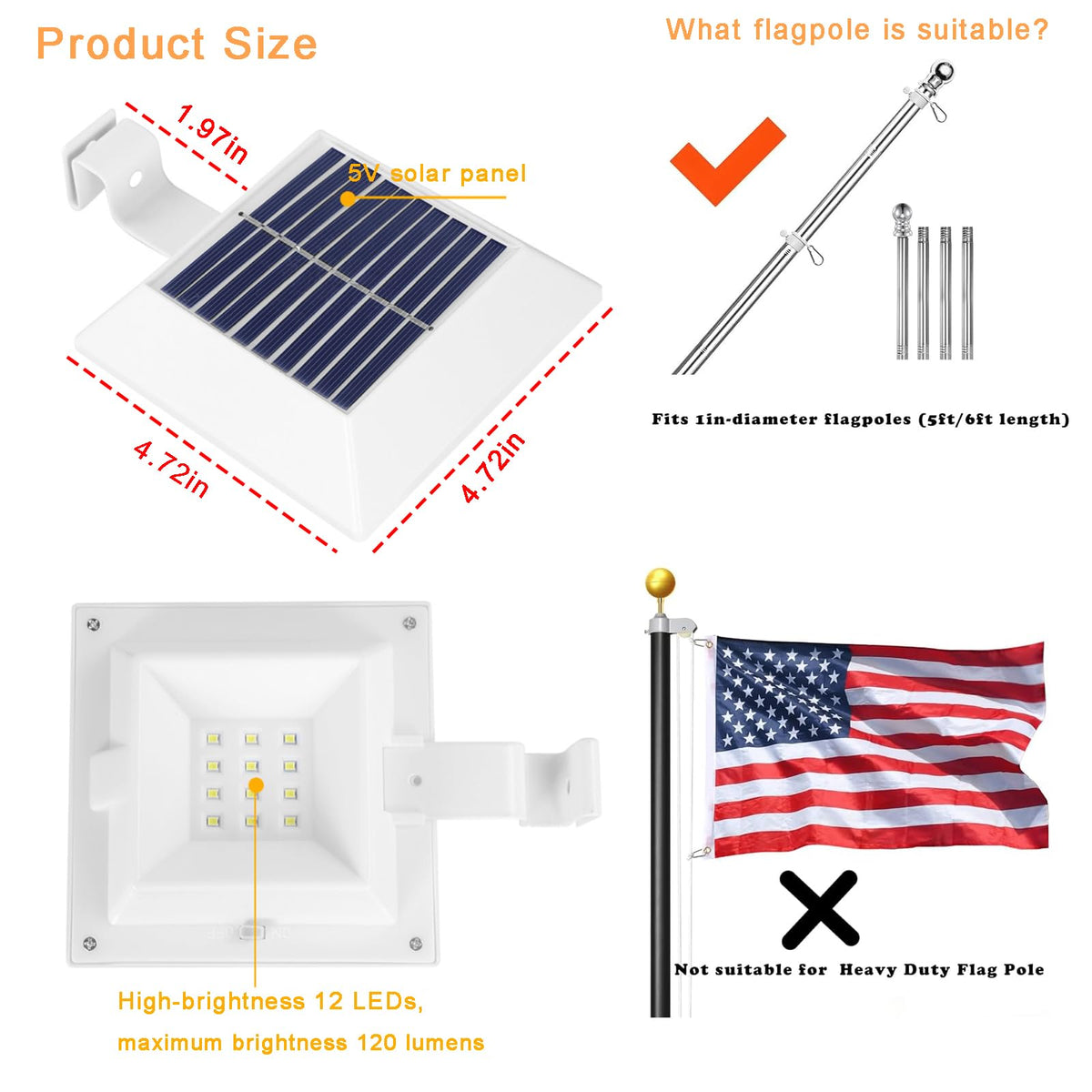Little Joke solar flag pole light illuminates the flag at night in your yard.