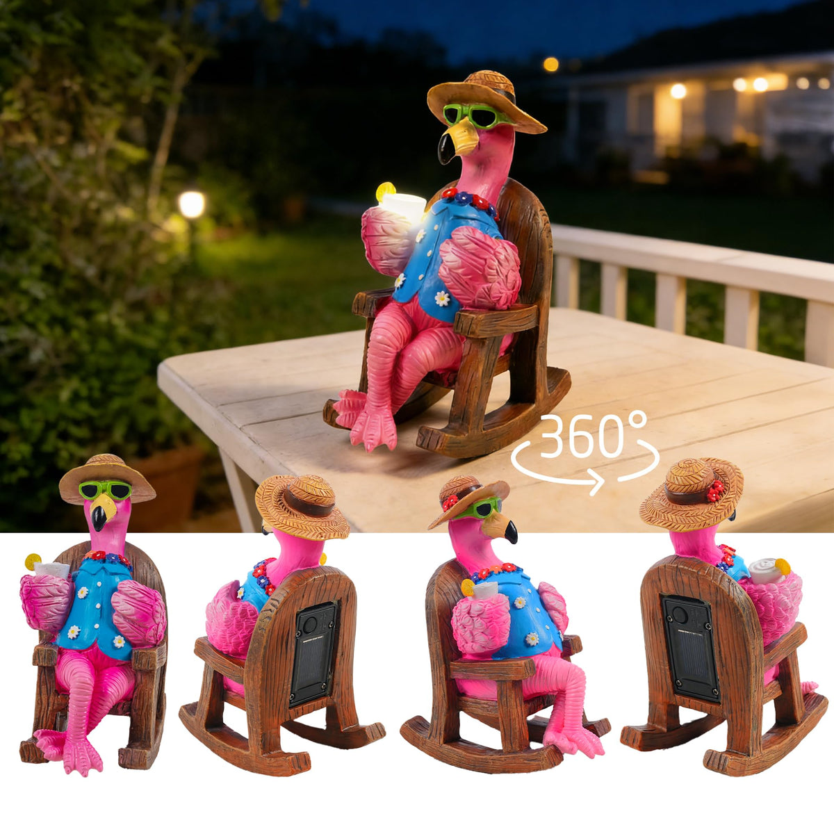 LIULO TOOL dusk-lit flamingo in garden for warm patio ambience.
