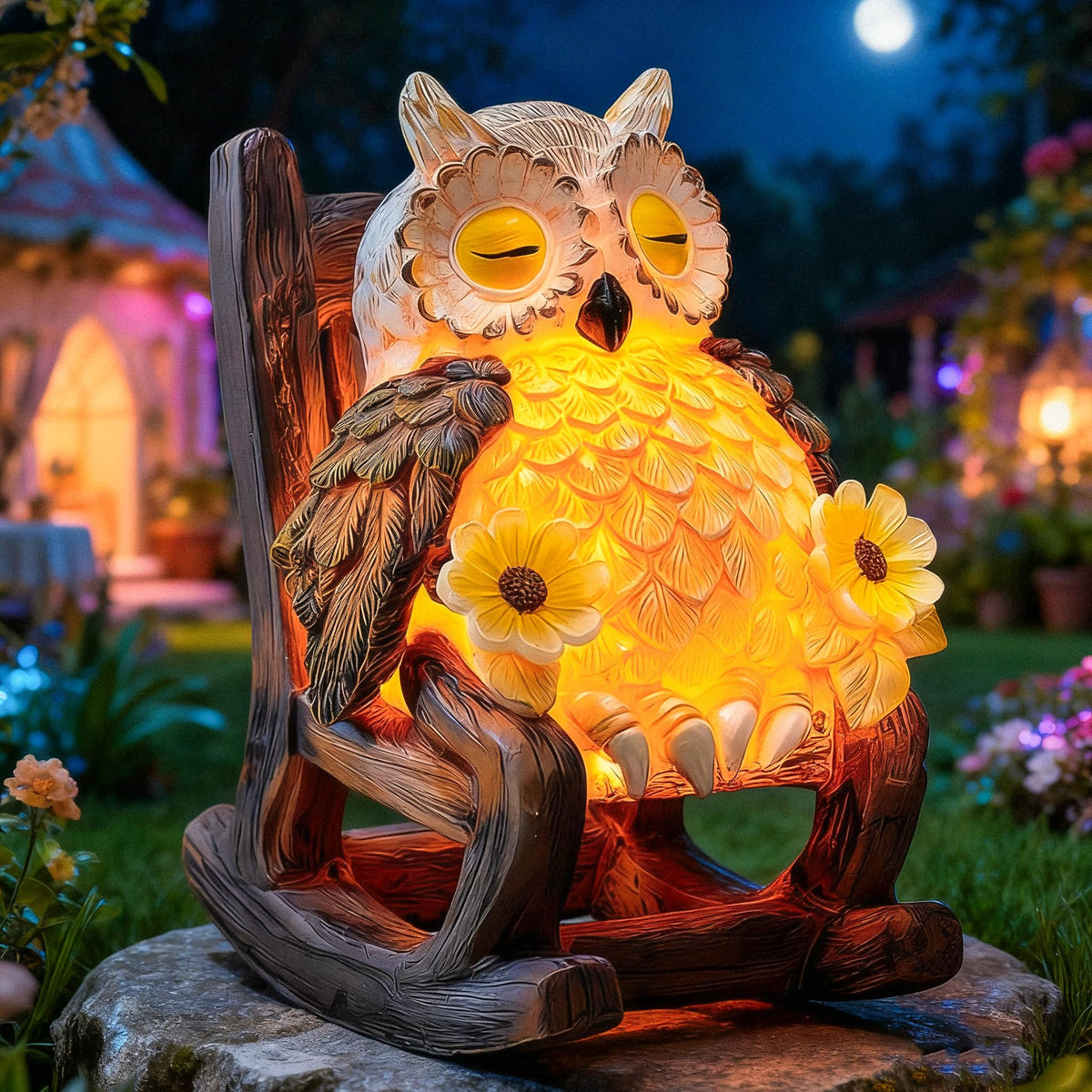 LIULO TOOL garden owl on branch with solar glow for enchanting day-to-night ambiance