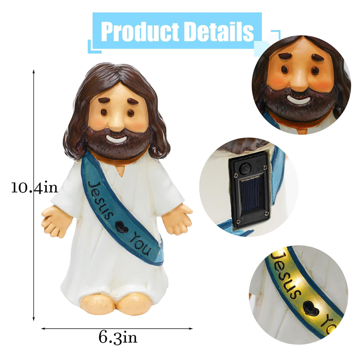 LIULO TOOL Jesus Love You figurine front view with blue sash and warm glow