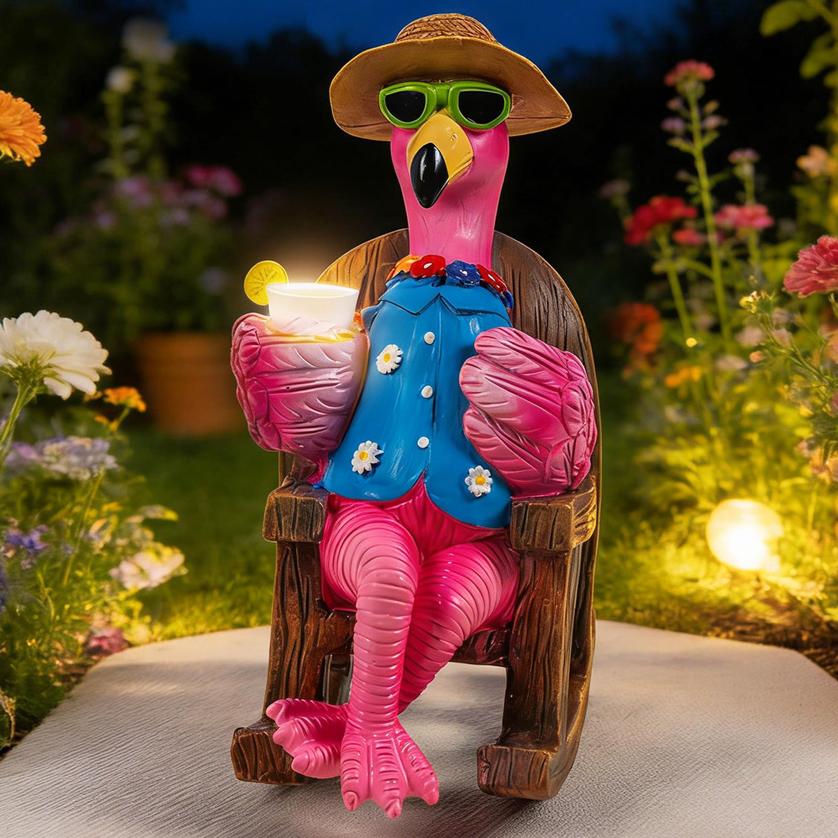 LIULO TOOL solar flamingo on chair glows at night for garden centerpiece.