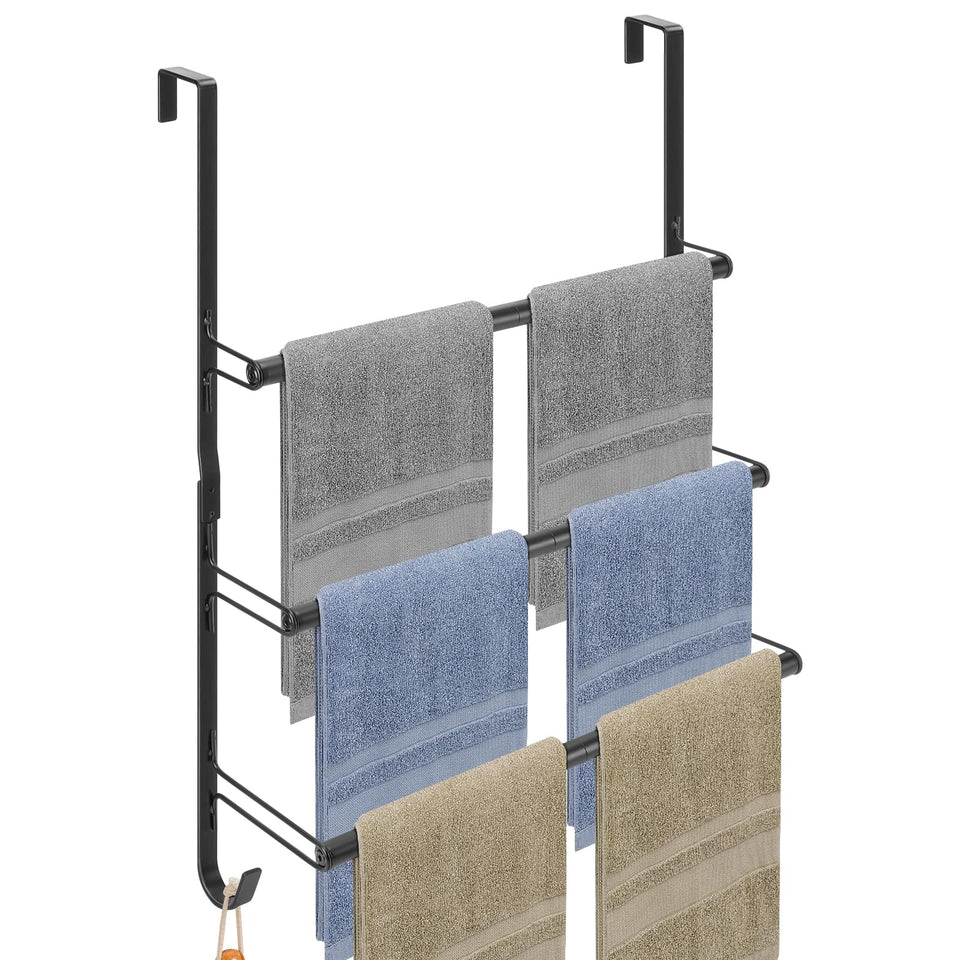 Livabber 3-Tier Over-The-Door Rack front view showing organized towels