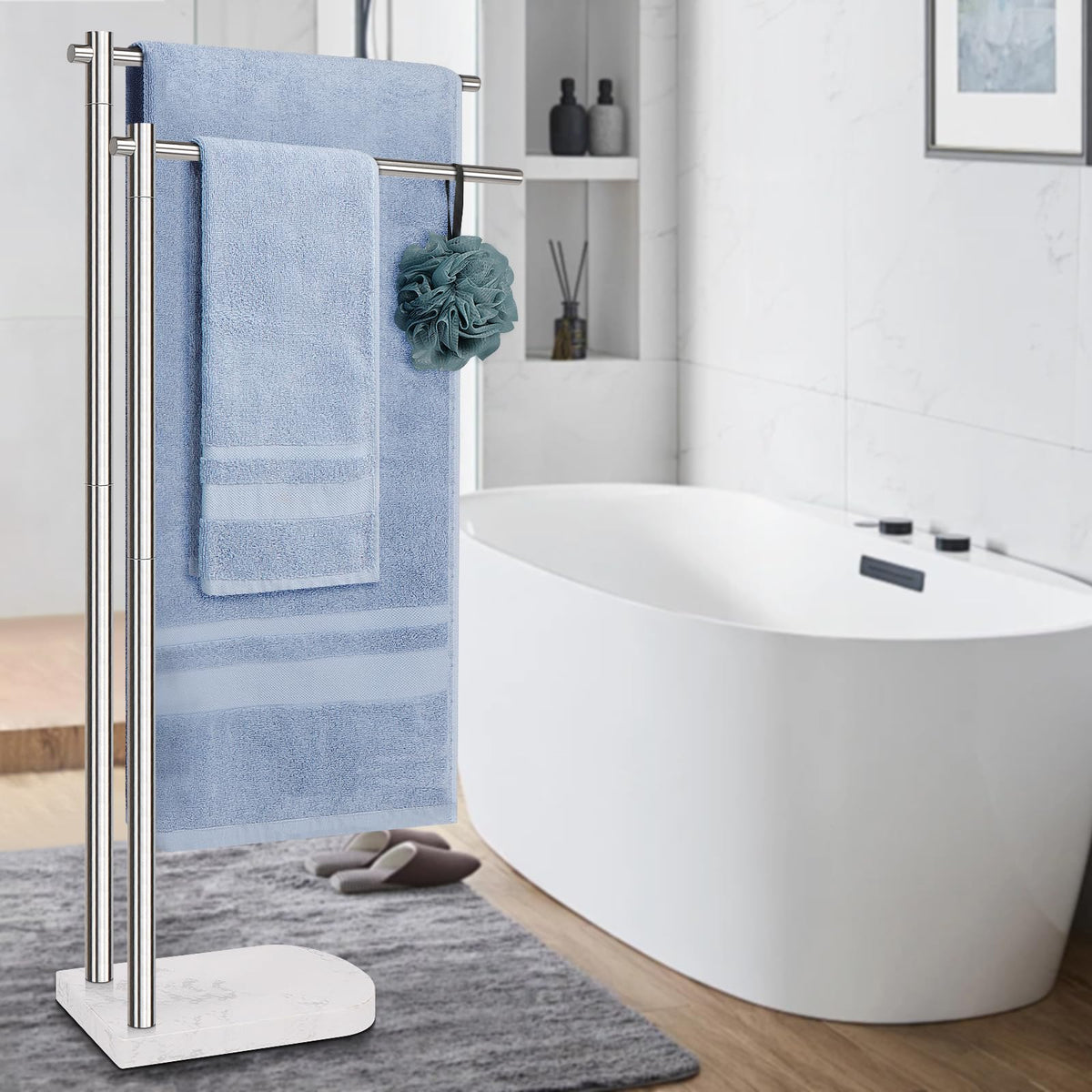 Livabber brushed nickel towel rack for bathroom and poolside spaces