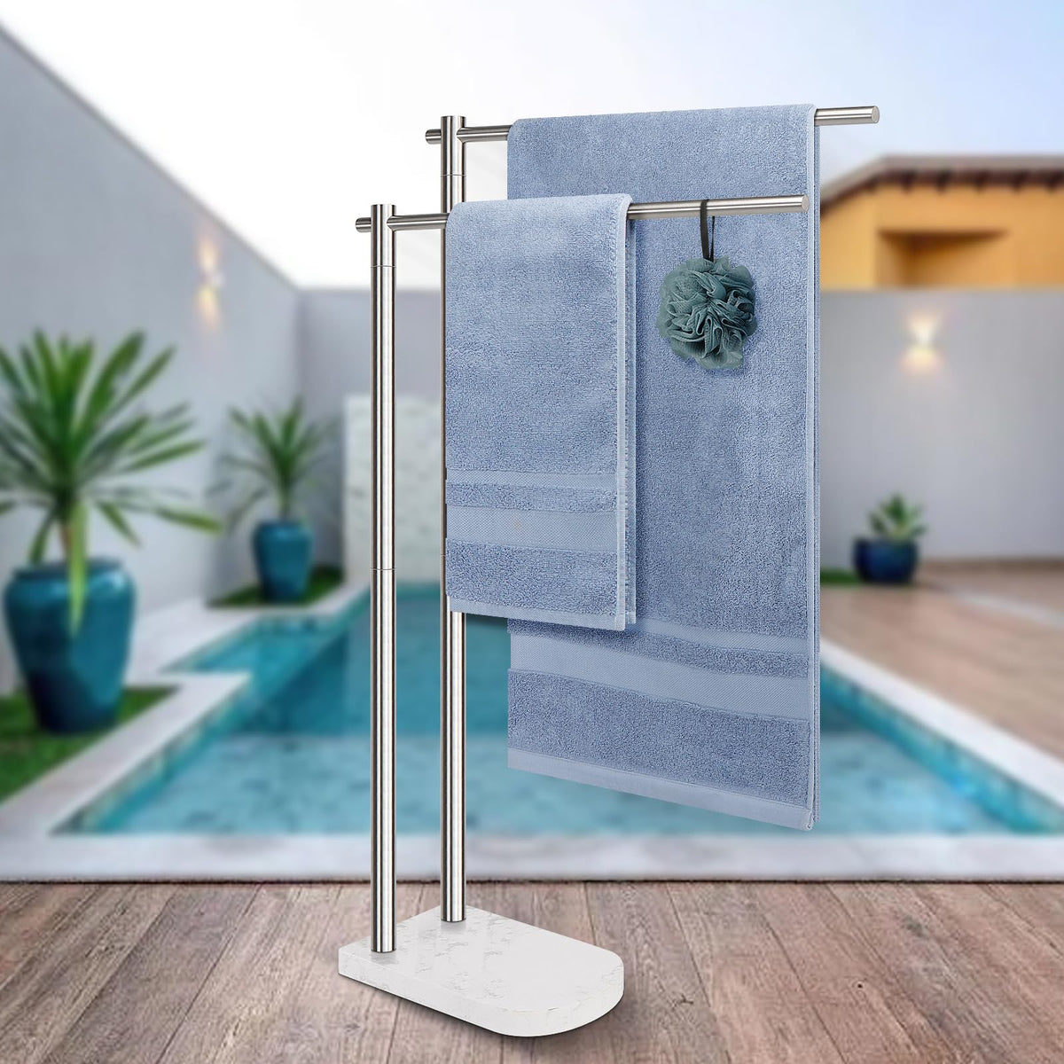 Livabber tall freestanding towel rack for bathroom or pool area