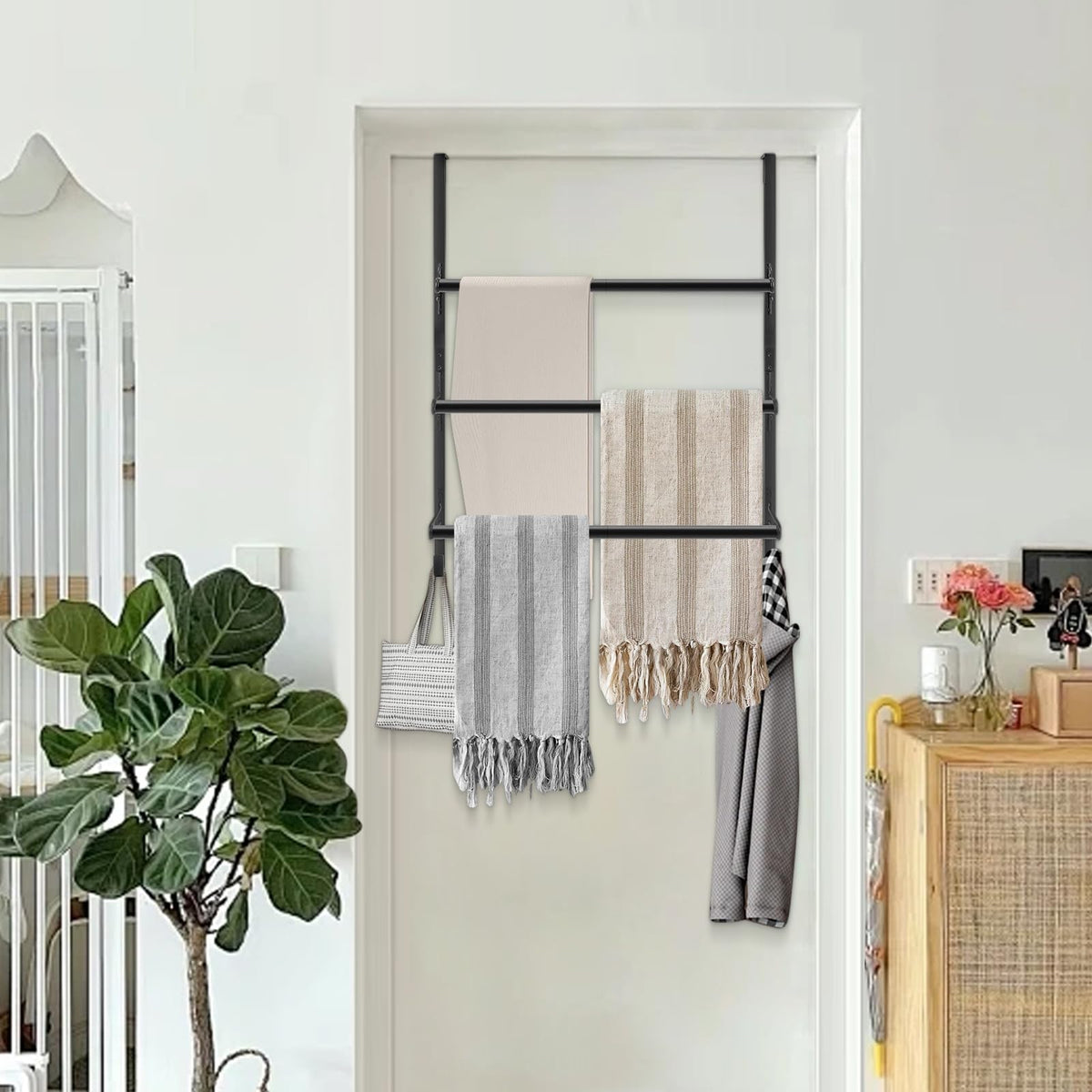 Livabber towel rack in bathroom scene for clutter-free space