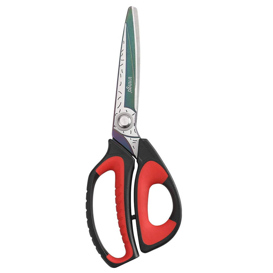 LIVINGO 10-inch scissors blade close-up highlighting titanium-coated durability