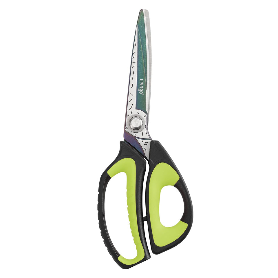 LIVINGO Heavy Duty Scissors blade close-up showing rust-resistant steel for durable cuts.