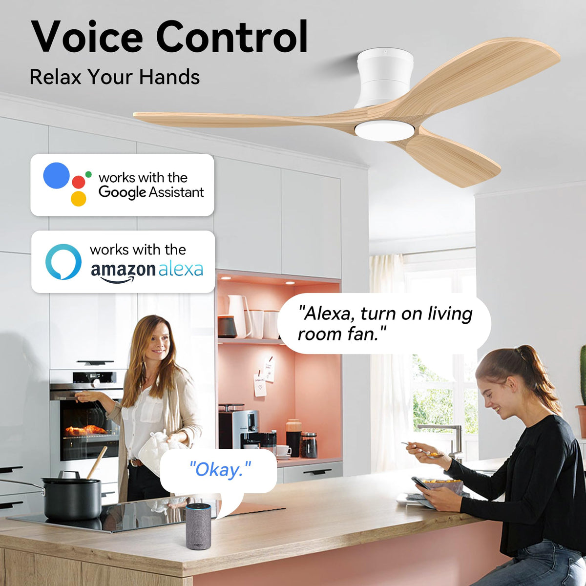Livory Alexa-enabled ceiling fan with remote control for hands-free operation.