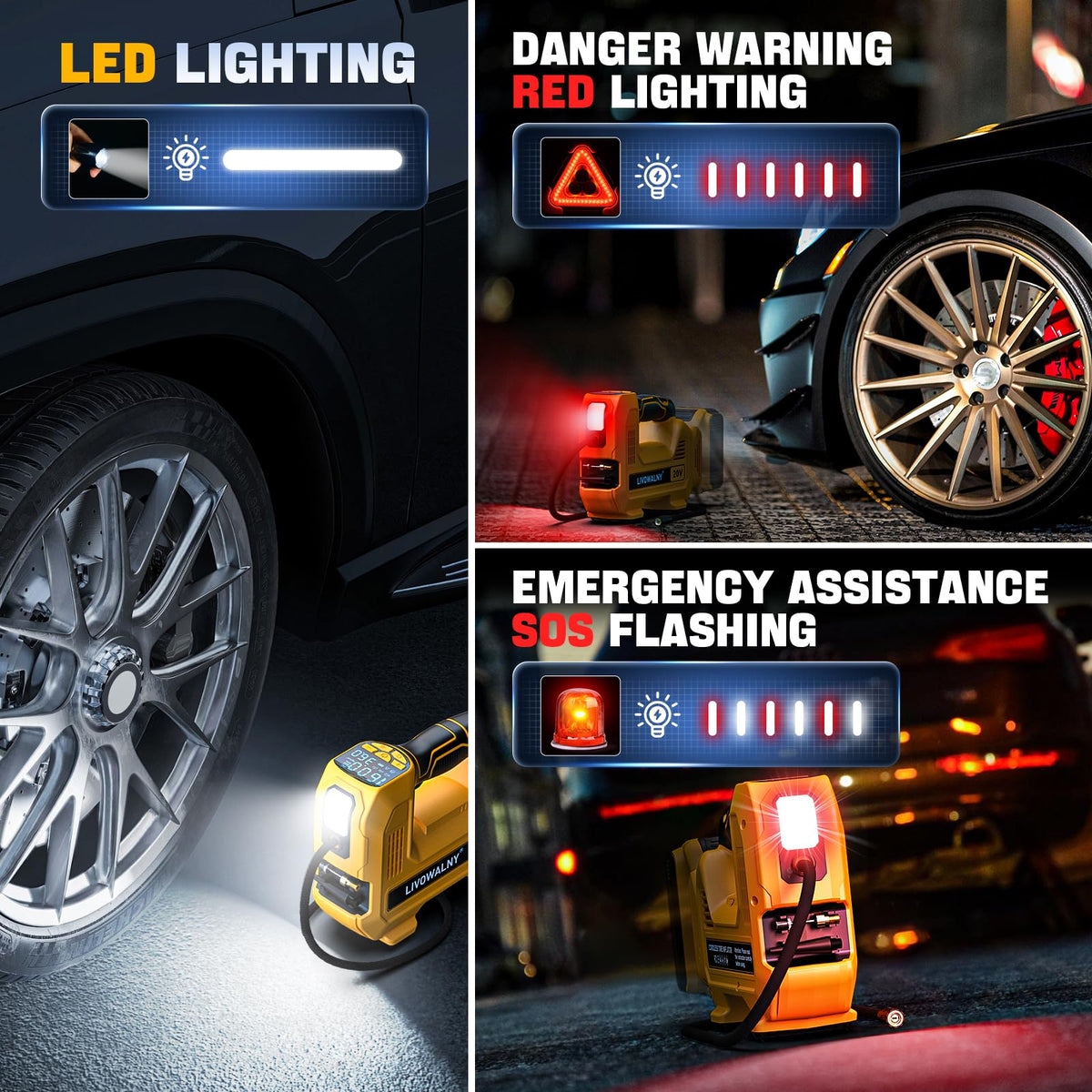 LIVOWALNY built-in flashlight aids night-time inflation and emergencies.