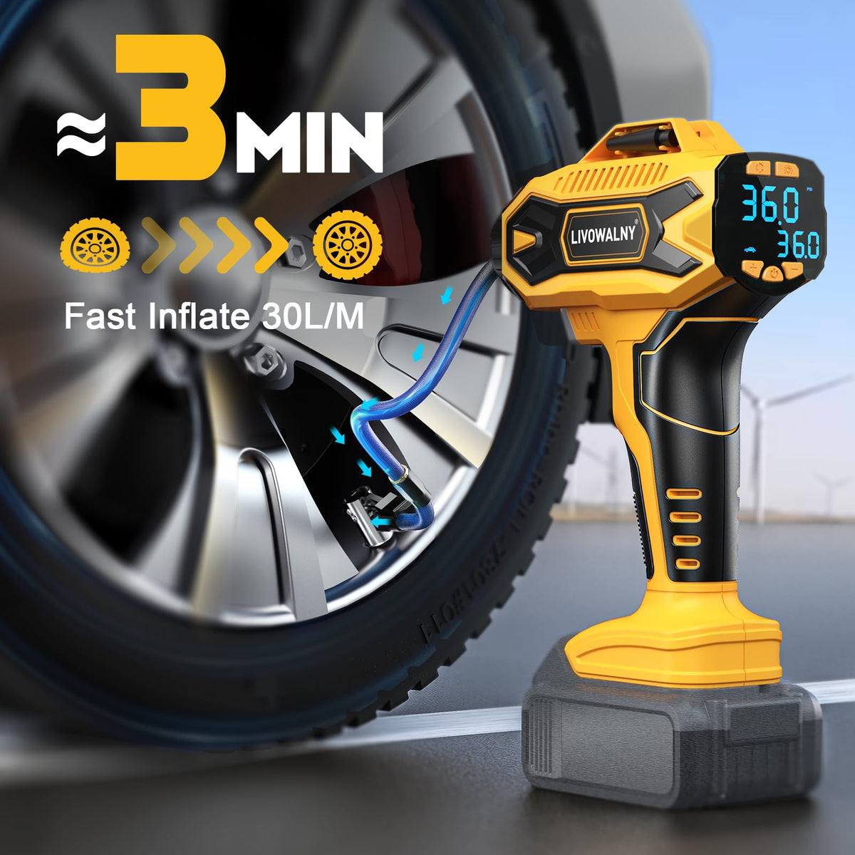 LIVOWALNY car tire inflation in minutes using cordless Dewalt power.