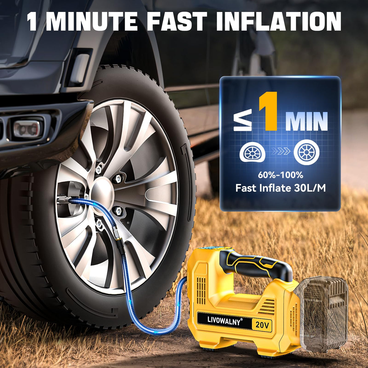 LIVOWALNY fast inflation delivering 30 L/min for quick tire tops-ups.