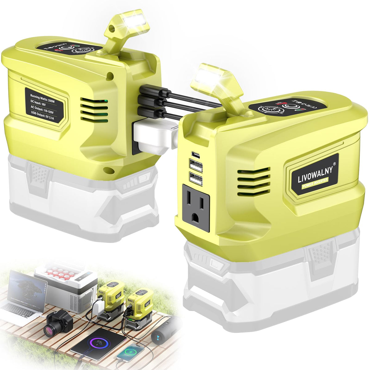 LIVOWALNY inverter beside Ryobi 18V battery for portable power on camping trips