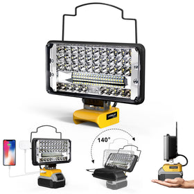 LIVOWALNY LED work light showing DeWalt compatibility for flexible power options.