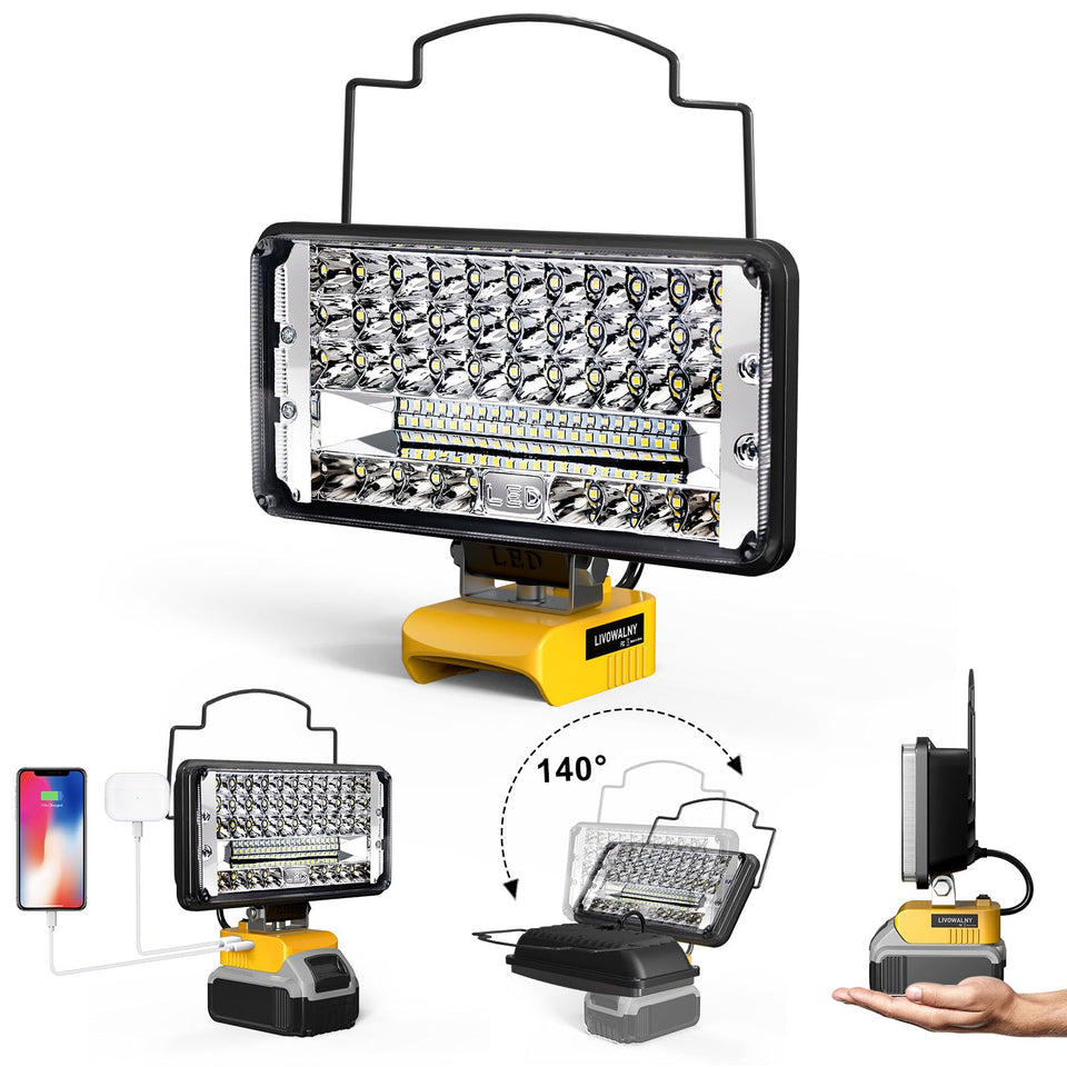 LIVOWALNY LED work light showing DeWalt compatibility for flexible power options.