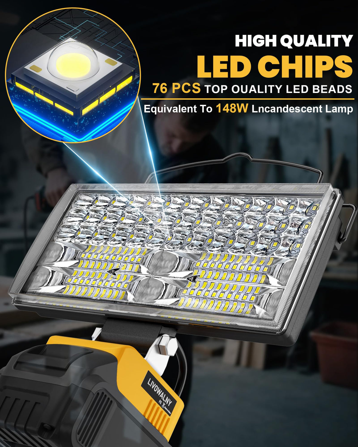 LIVOWALNY LED work light features low-voltage protection for safer use.