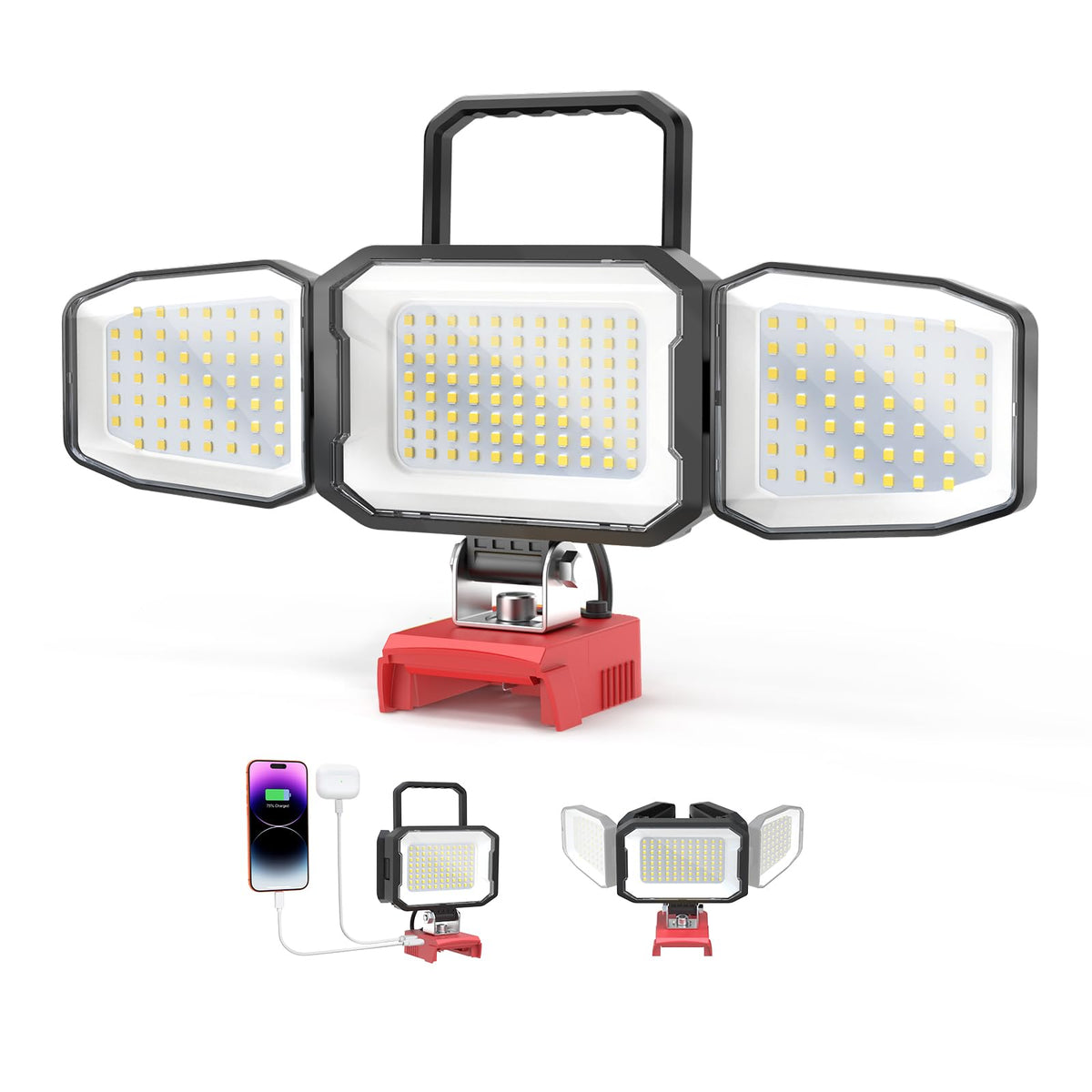 LIVOWALNY LED work light with three-head design for wide-area coverage on the job site.