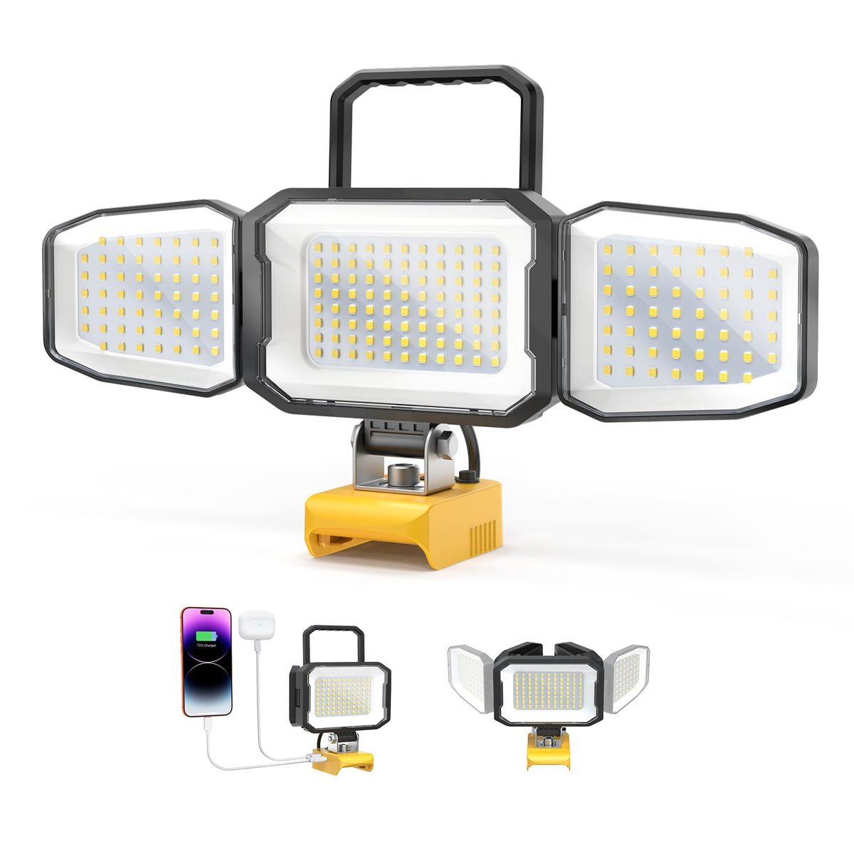 Livowalny three-head LED work light with angled coverage for wide area illumination.