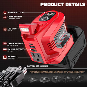 LIVOWALNY Milwaukee 18V inverter in camping setup powering a phone and tablet