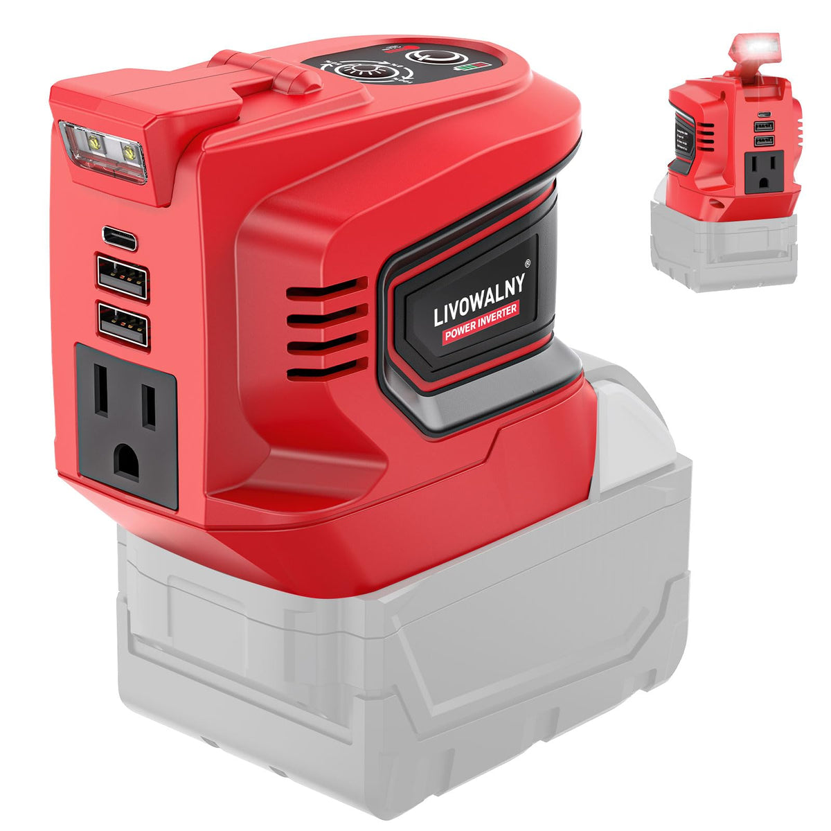 LIVOWALNY Milwaukee 18V inverter front view highlighting compact compatibility for outdoor use
