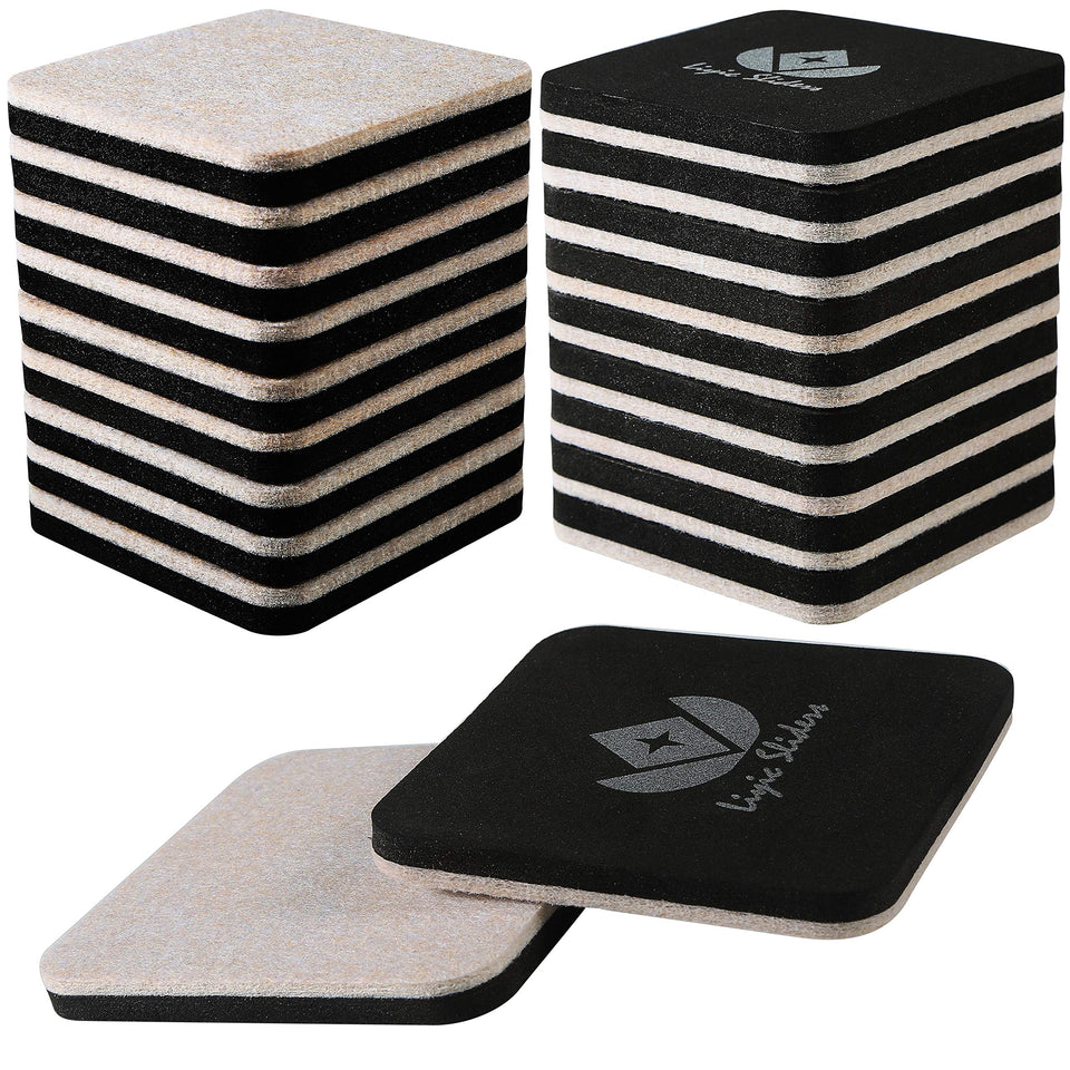Liyic 20-pack 3-inch square felt sliders under furniture legs protect hardwood floors during moves.