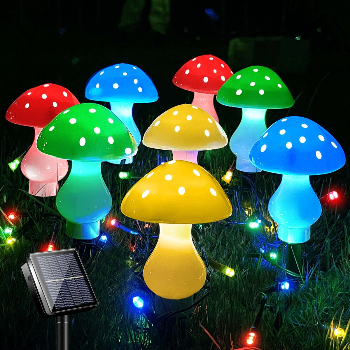 LiyuanQ solar mushroom lights create a whimsical yard display at night