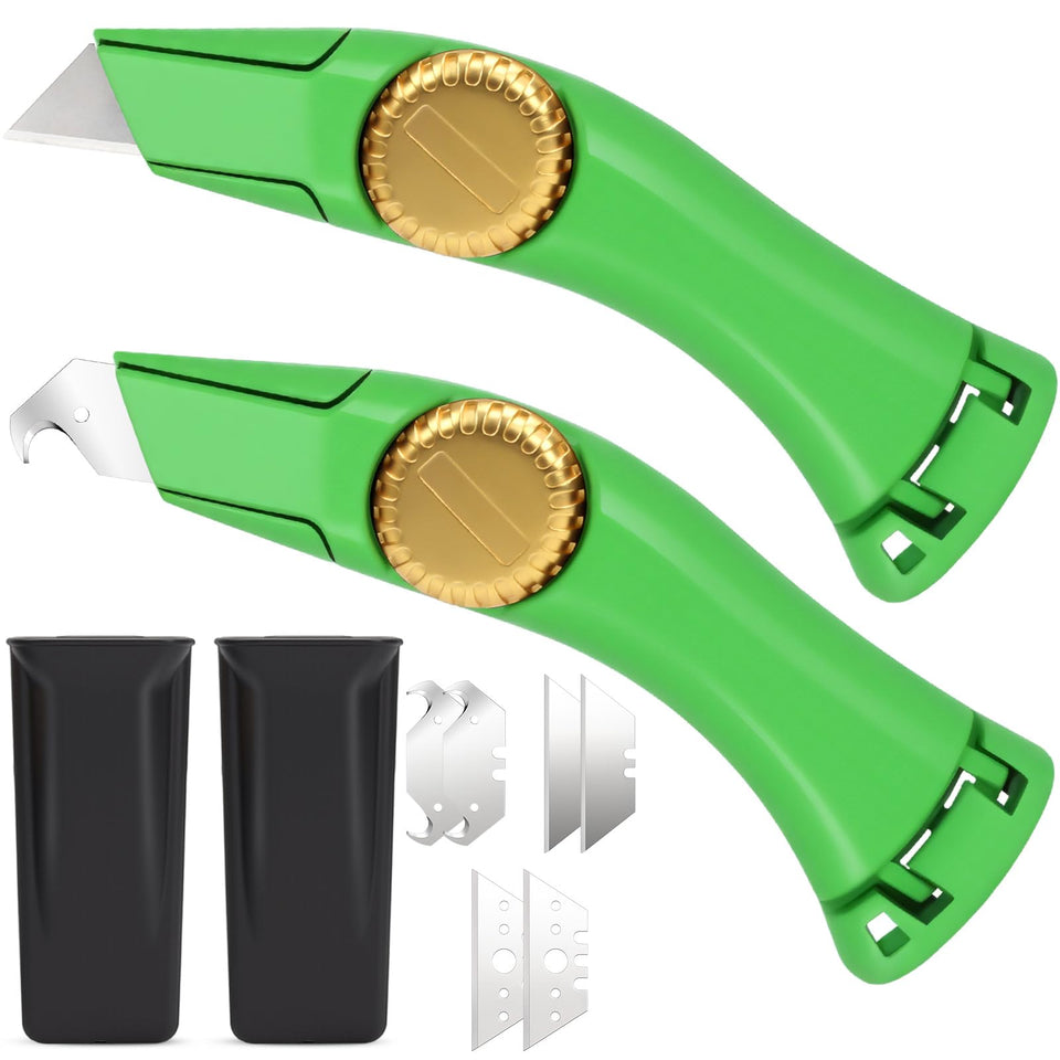 Lizenoz green fixed-blade roofing knife close-up showing durable construction for precise cuts.