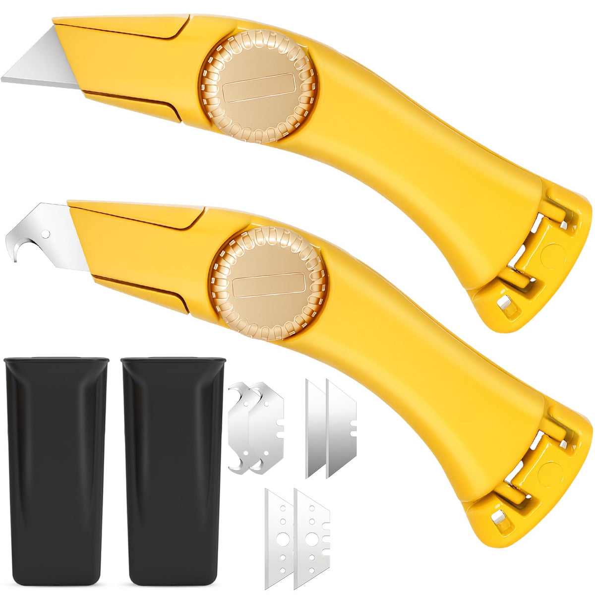 Lizenoz roofing knife front view in safety yellow for precise cuts on roofs and materials.